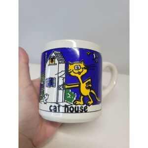 Grant-Howard Vintage Cat House Ceramic Coffee Mug White‎ Blue Yellow Cartoon Cat